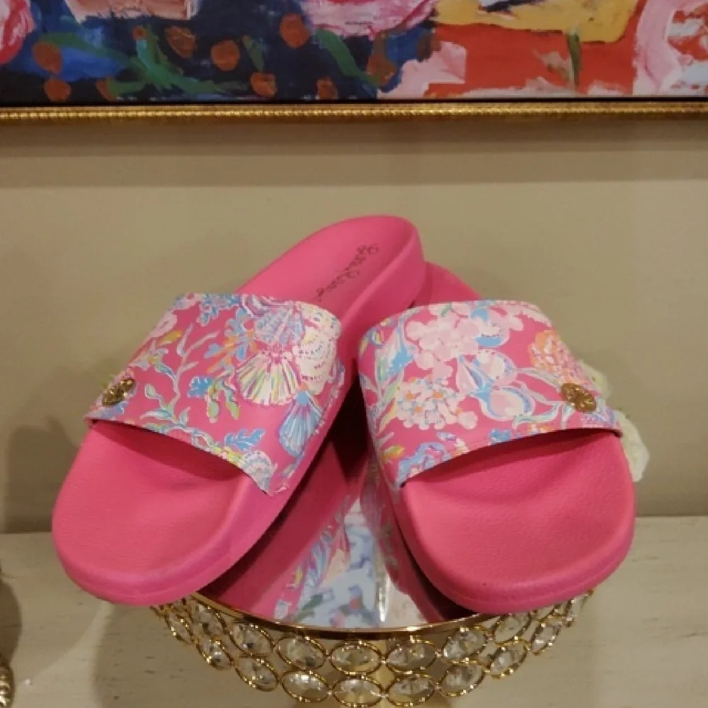 Lilly Pulitzer Pink Floral Slide Sandals - Comfortable Ladies' Summer Slides - Picture 1 of 8